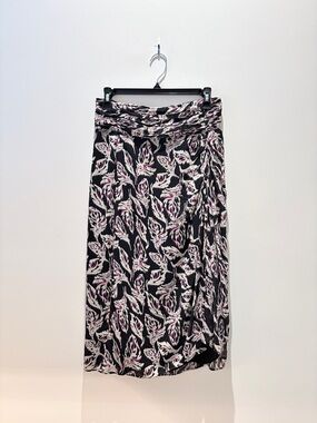 ba&sh Black Midi Wrap Skirt with Cream and Pink Leaf Print